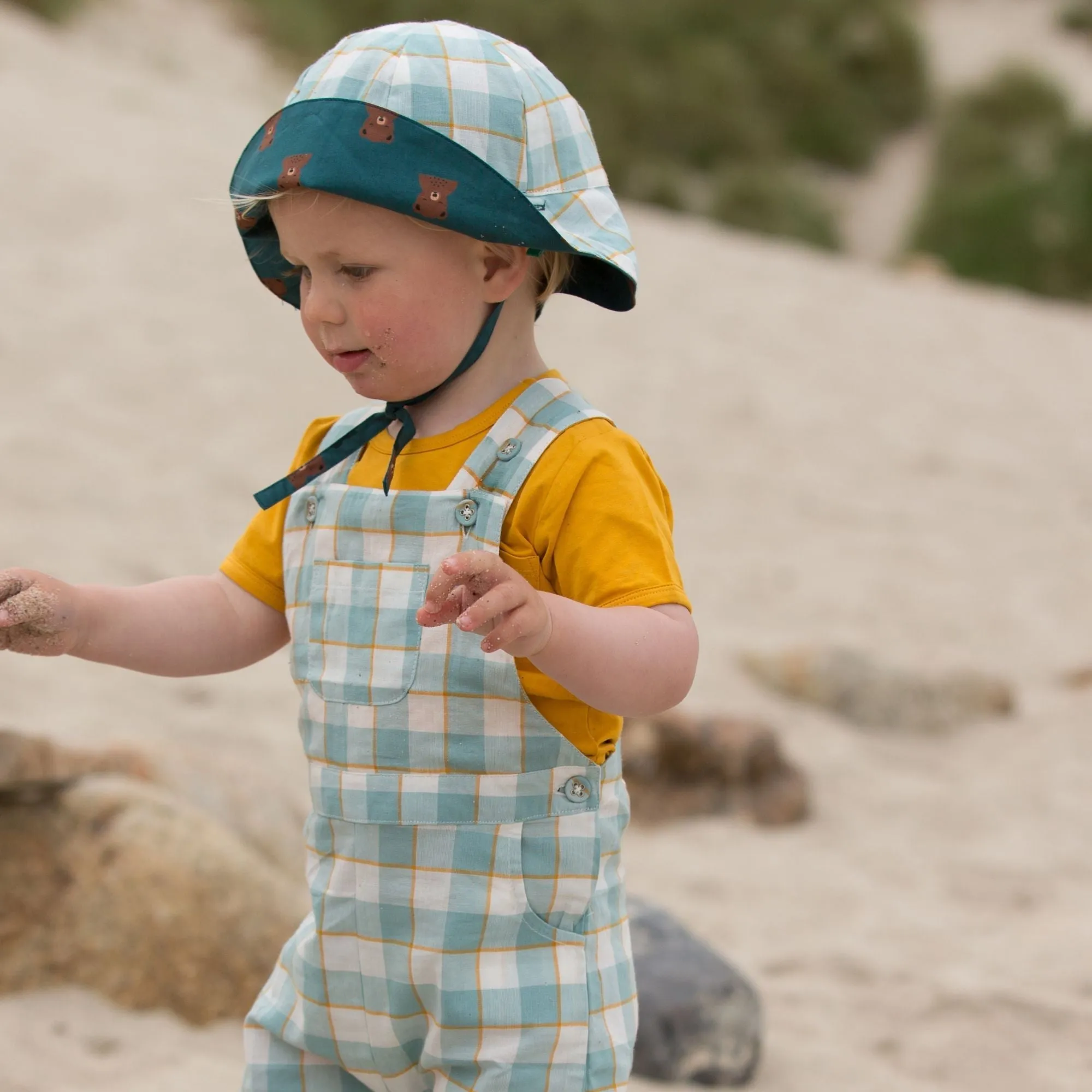 Soft Blue Checkered Dungaree Shorts