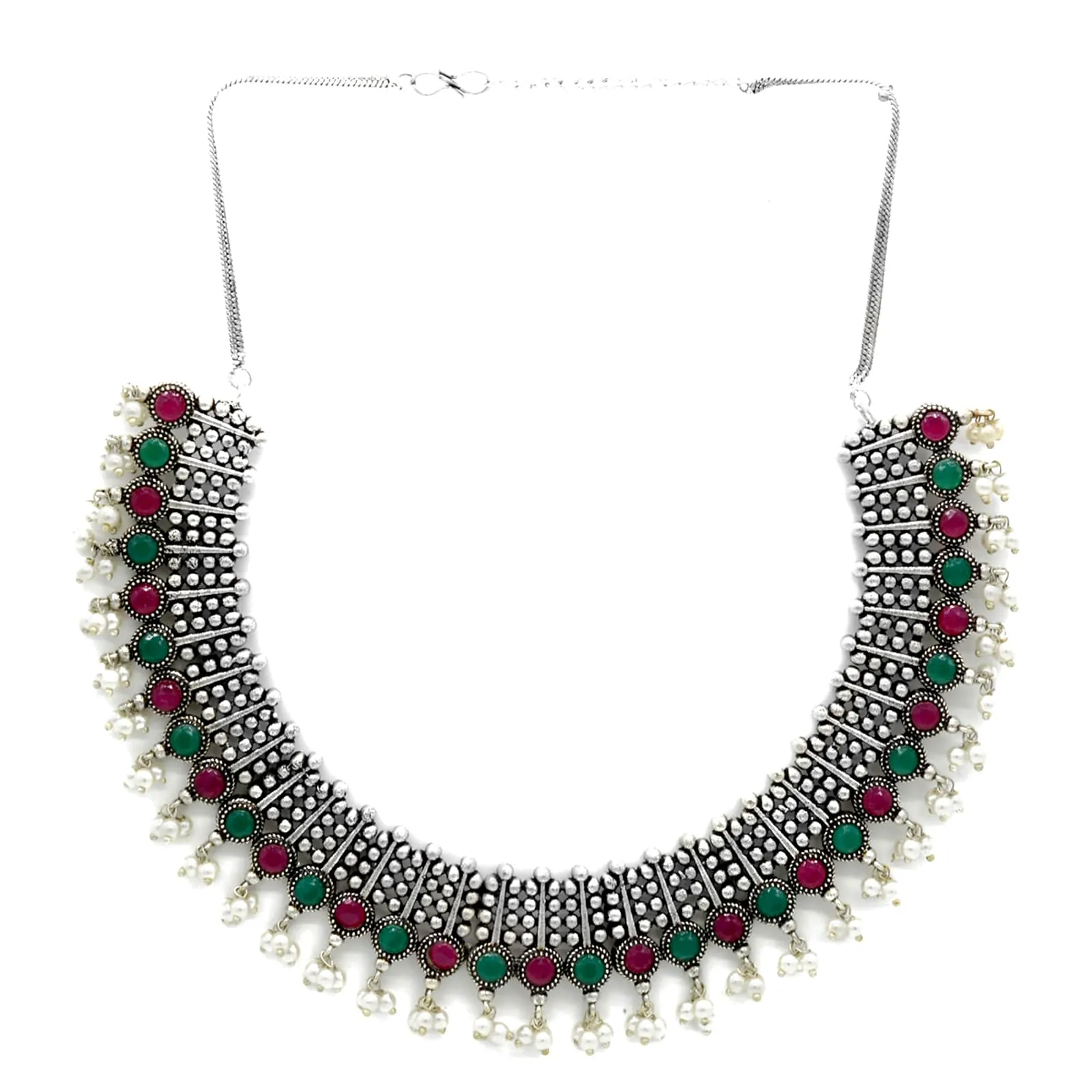 Symmetric Multi colored Silver Necklace Set