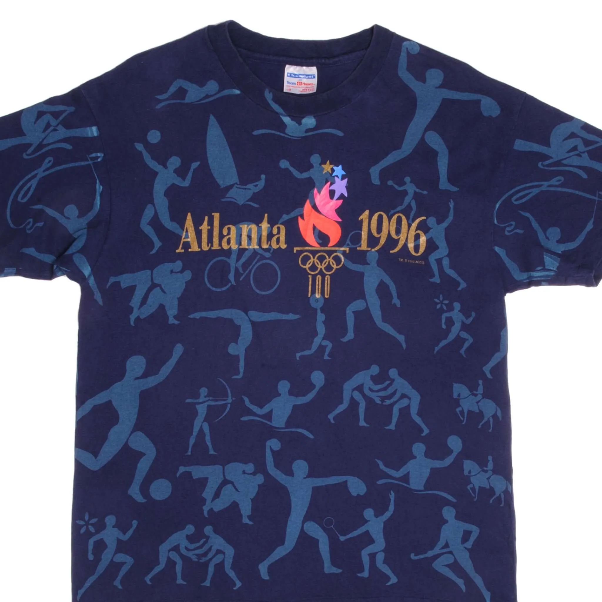 VINTAGE ALL OVER PRINT ATLANTA OLYMPICS 1996 TEE SHIRT SIZE LARGE MADE IN USA