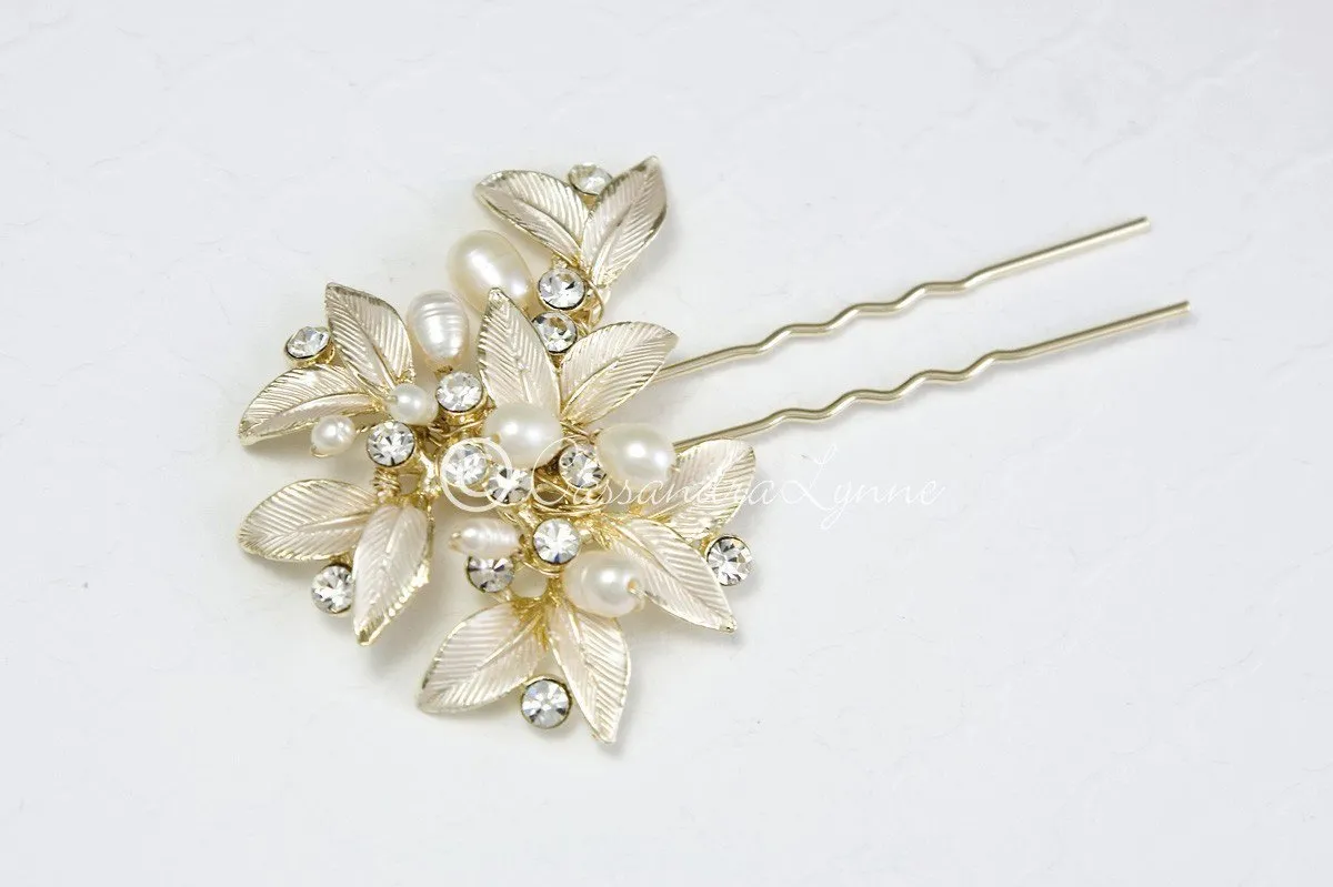 Wedding Hair Pin of Leaves and Pearls