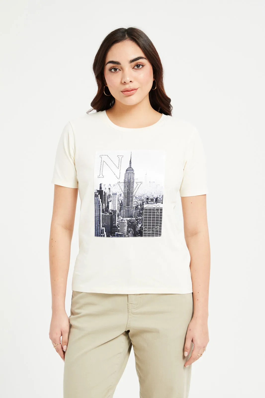 Women Cream NYC Embellished T-Shirt