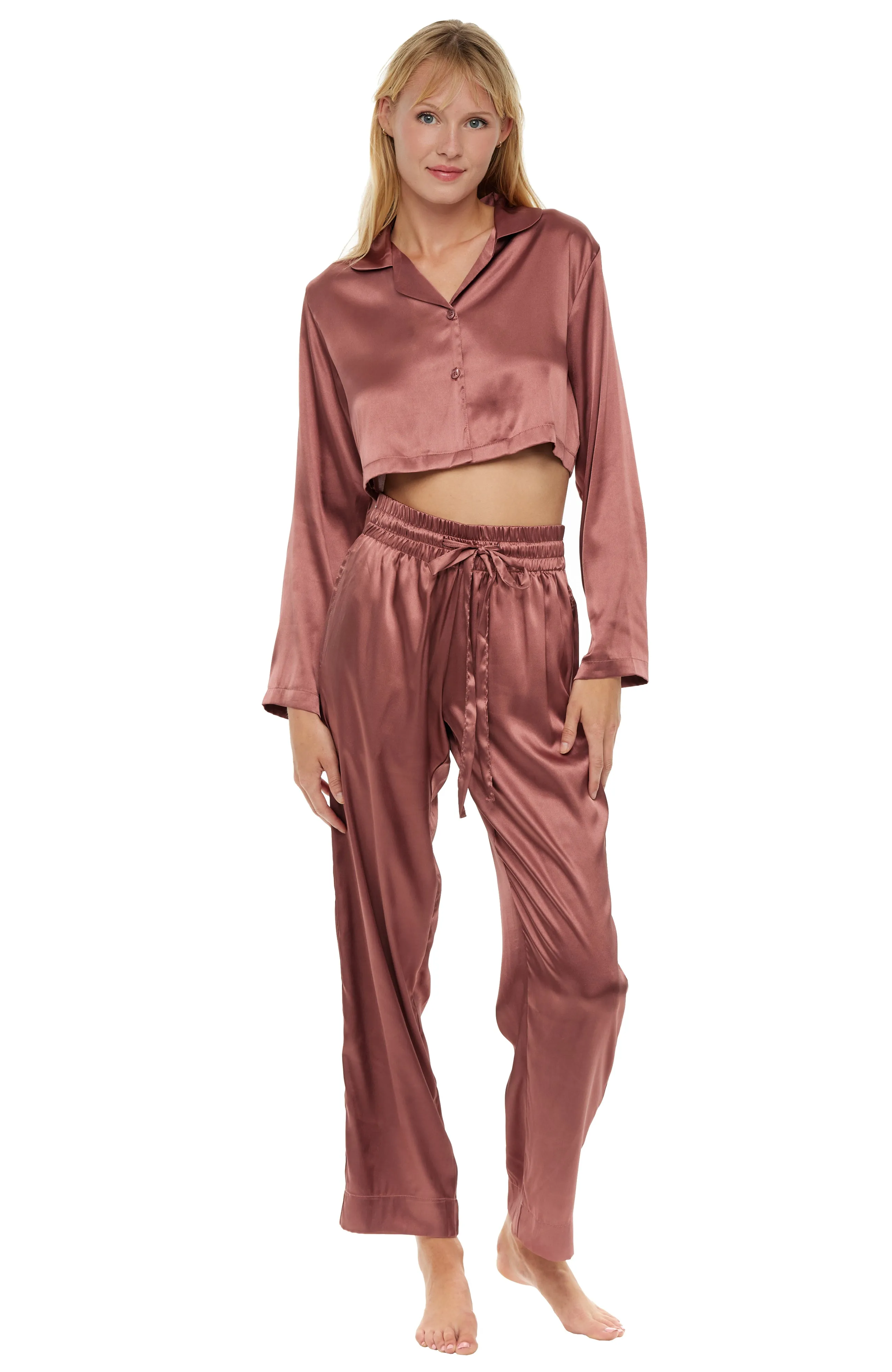 Women's Crop Top Satin Pajama Set with Pockets, Drawstring