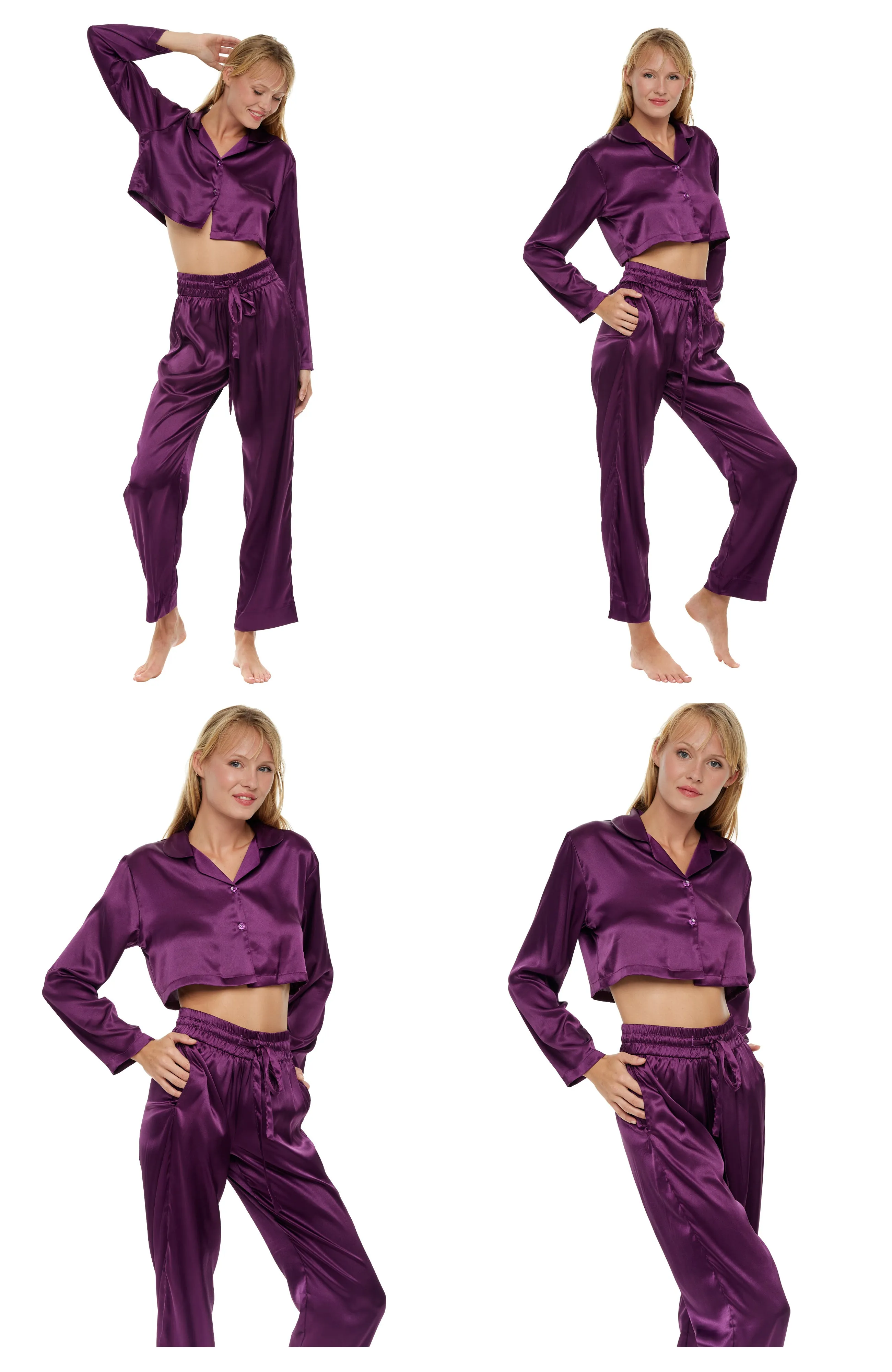 Women's Crop Top Satin Pajama Set with Pockets, Drawstring