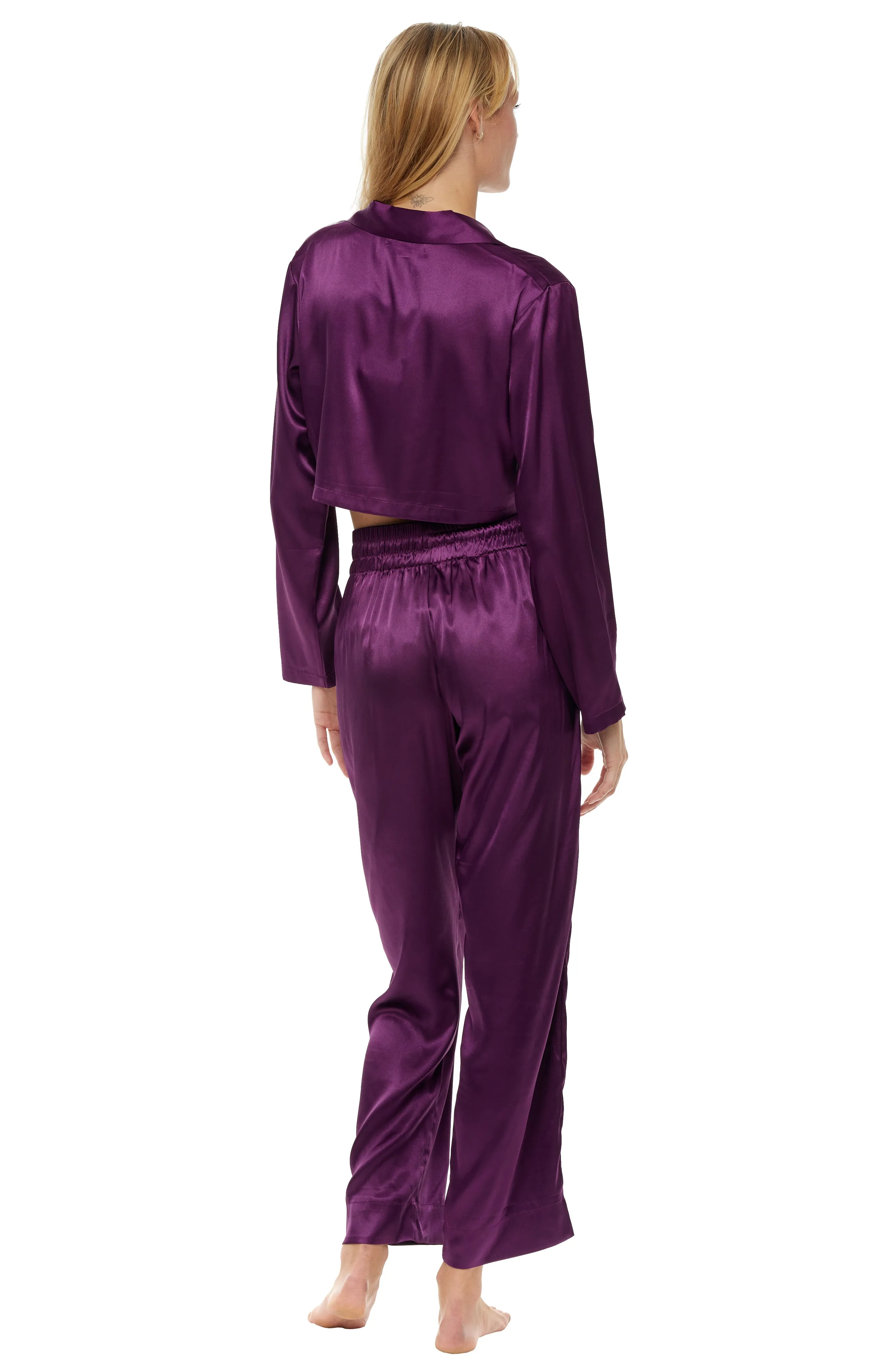 Women's Crop Top Satin Pajama Set with Pockets, Drawstring