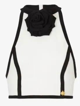 Women’s Cropped White and Black Halter-Top with Rose Detail