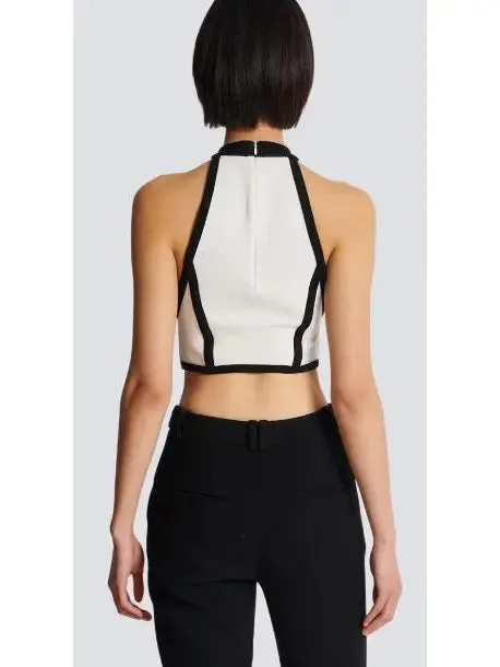 Women’s Cropped White and Black Halter-Top with Rose Detail