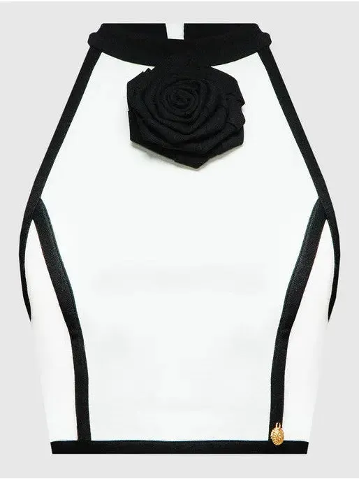 Women’s Cropped White and Black Halter-Top with Rose Detail