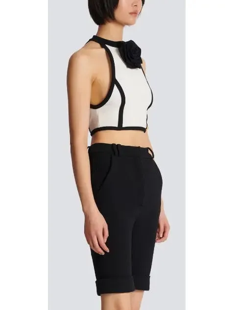 Women’s Cropped White and Black Halter-Top with Rose Detail