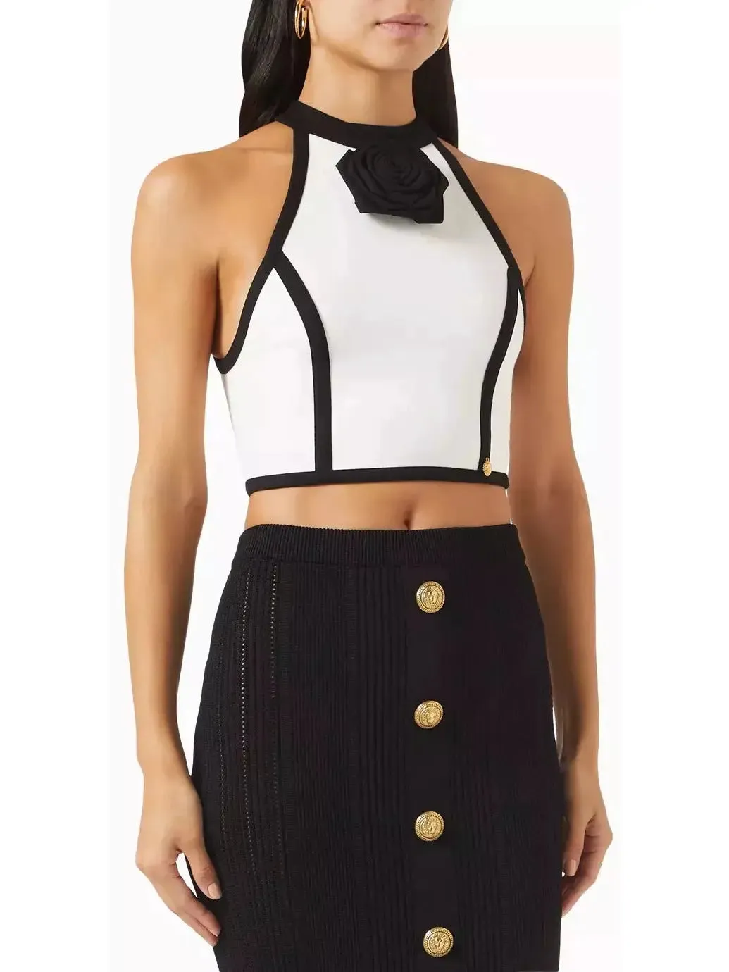 Women’s Cropped White and Black Halter-Top with Rose Detail