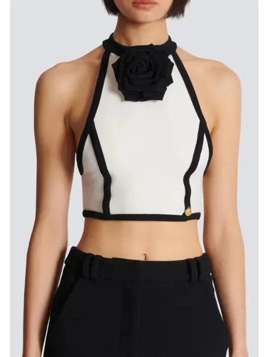 Women’s Cropped White and Black Halter-Top with Rose Detail