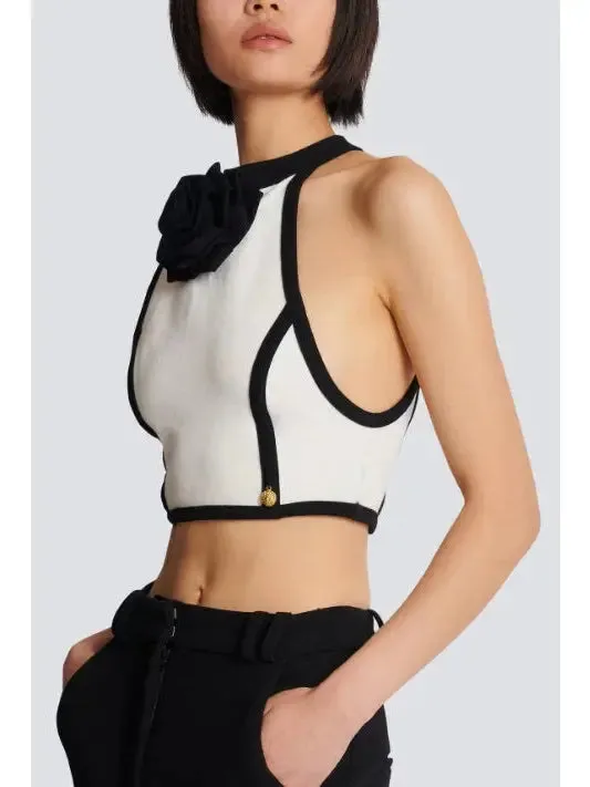 Women’s Cropped White and Black Halter-Top with Rose Detail