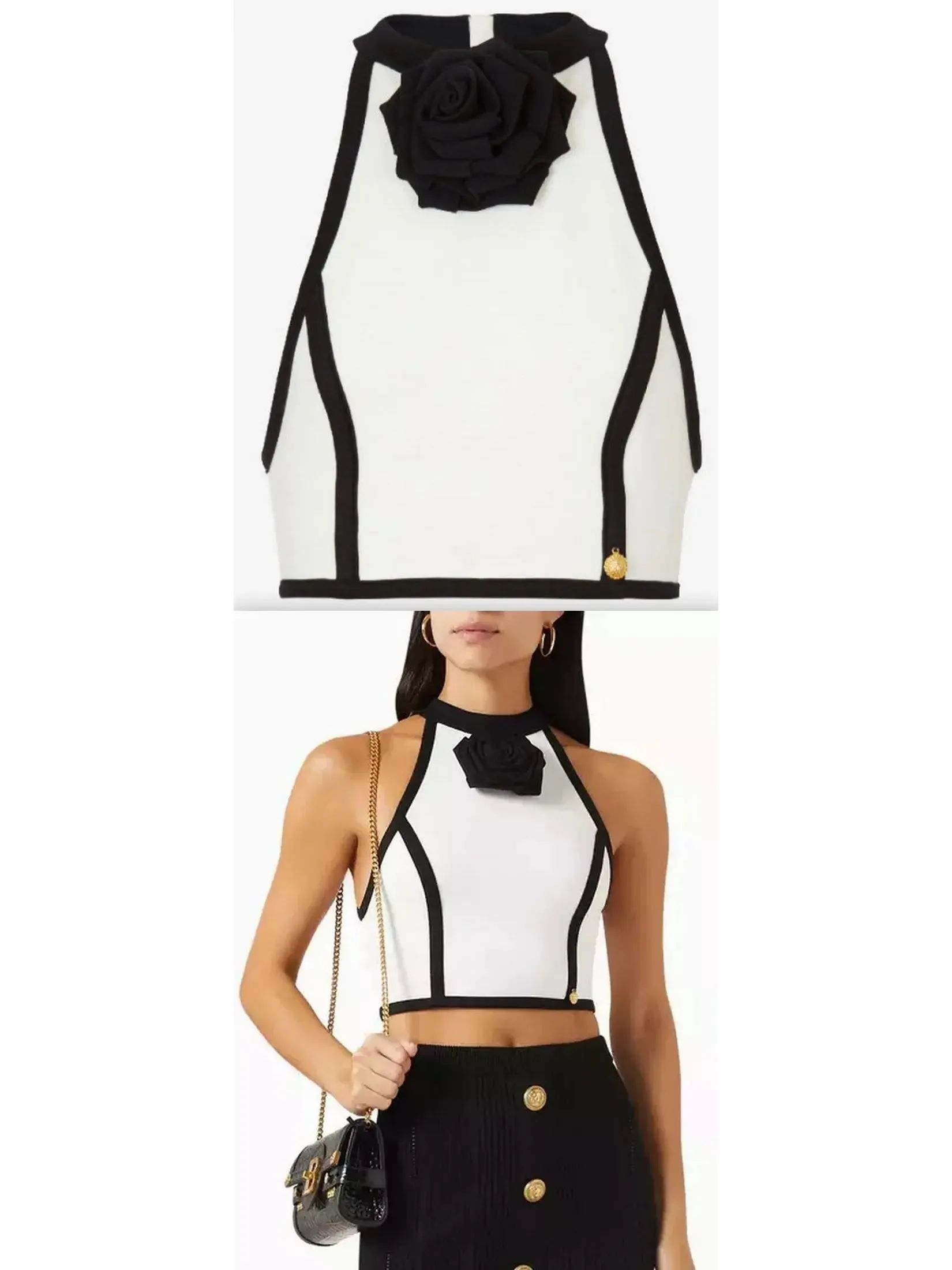 Women’s Cropped White and Black Halter-Top with Rose Detail