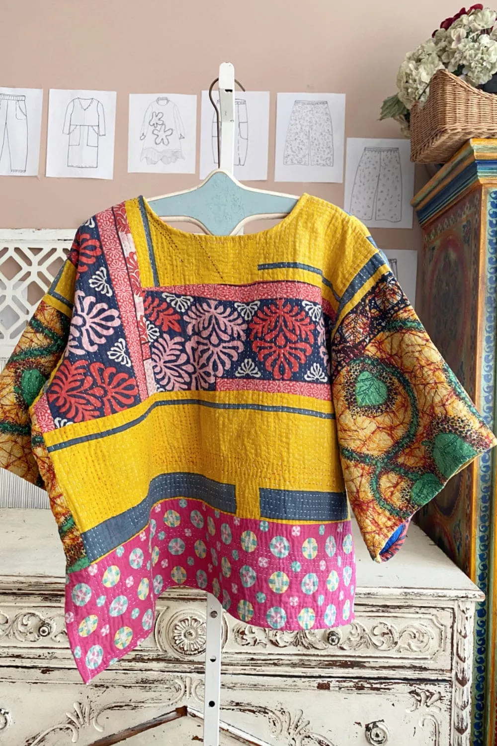 Yellow Pink Cotton Kantha Pullover